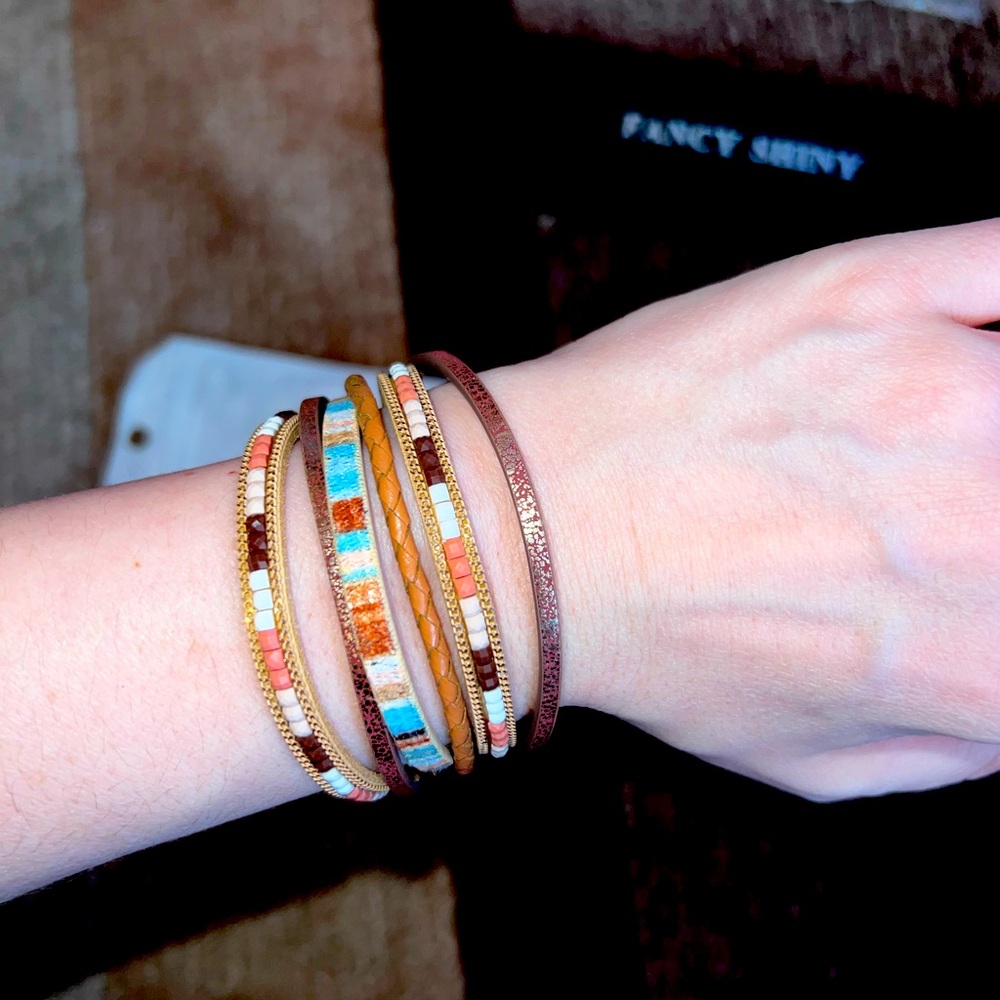 Fancy Shiny Boho Leather Bracelet - gold brown NWT
